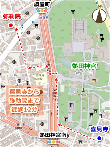 喜見寺から弥勒院への徒歩ルート(地図)
